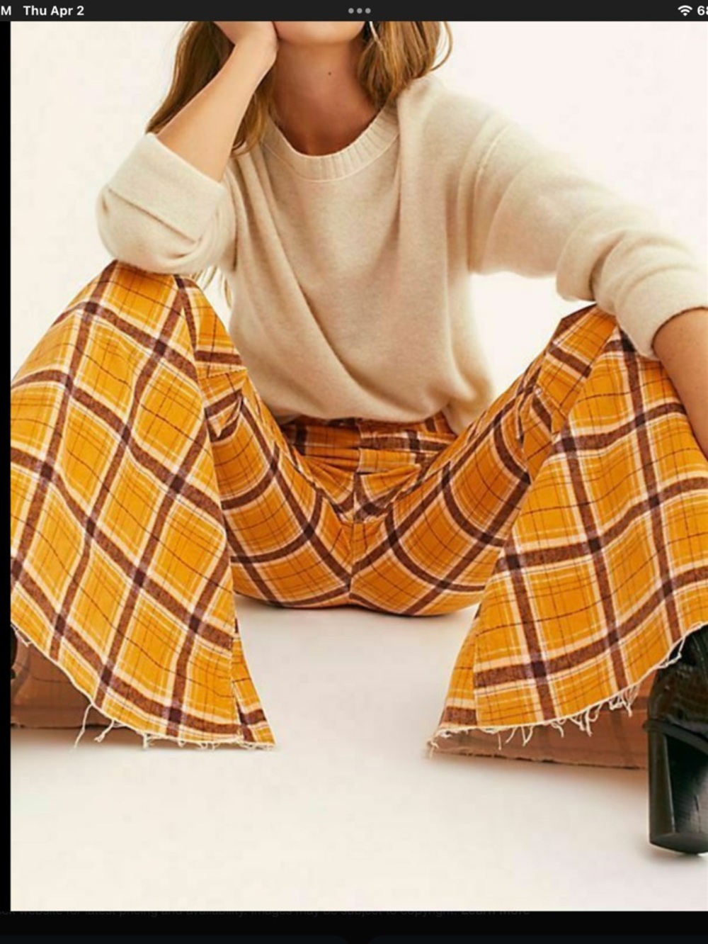 Free People women’s Yellow Plaid Wide Leg Flare Pants Size 32 Retro - Picture 3 of 15